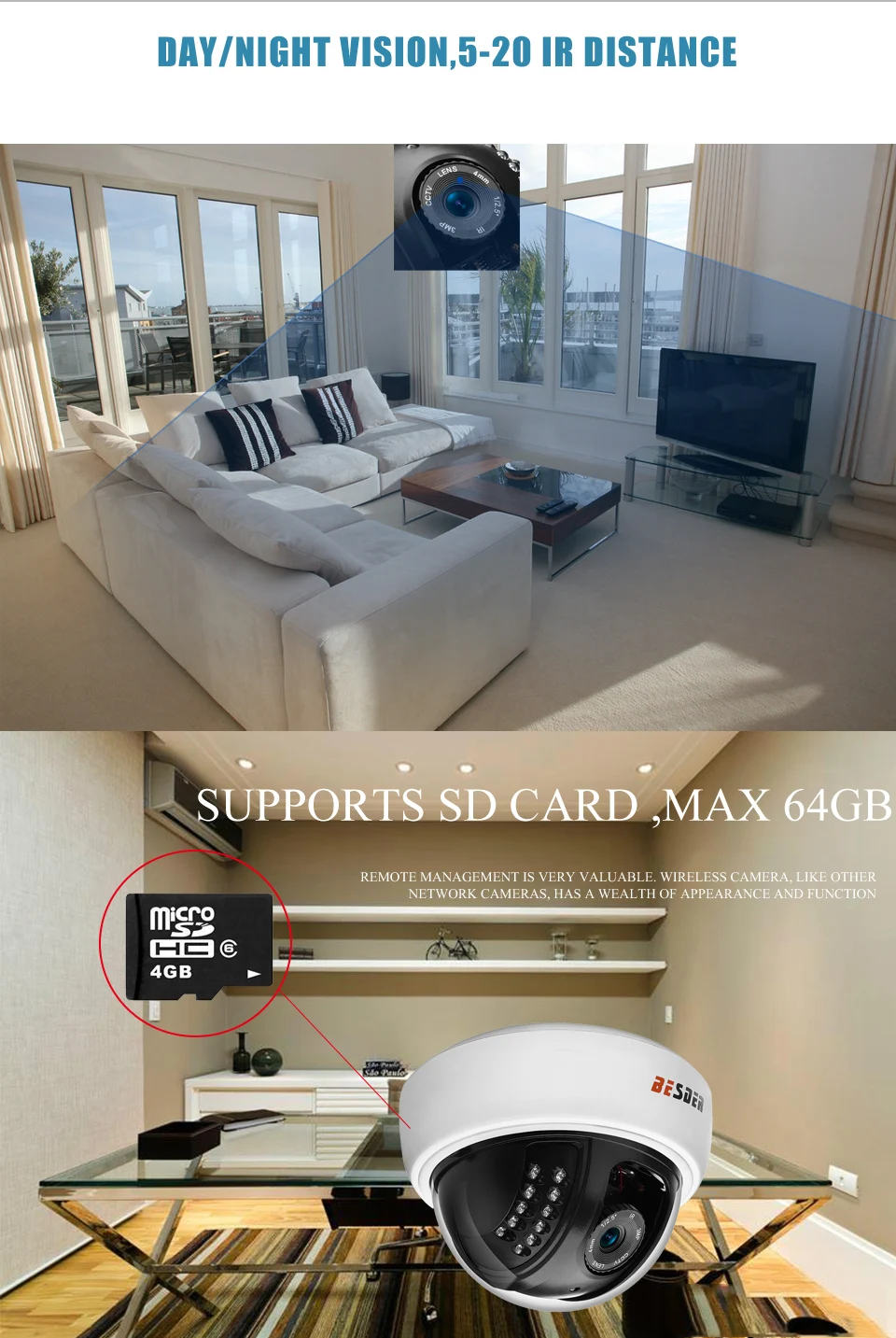 Besder 1080P безопасность Wi-Fi IP камера 64G слот для sd-карты ONVIF Push Alarm Yoosee P2P купольная Беспроводная камера IP Обнаружение движения