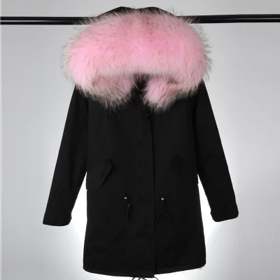 Furlove Women Winter Parkas Large Real Raccon Fur Parka Pink Faux Fur Liner Thickening Long Jacket Overcoat - Цвет: color 8