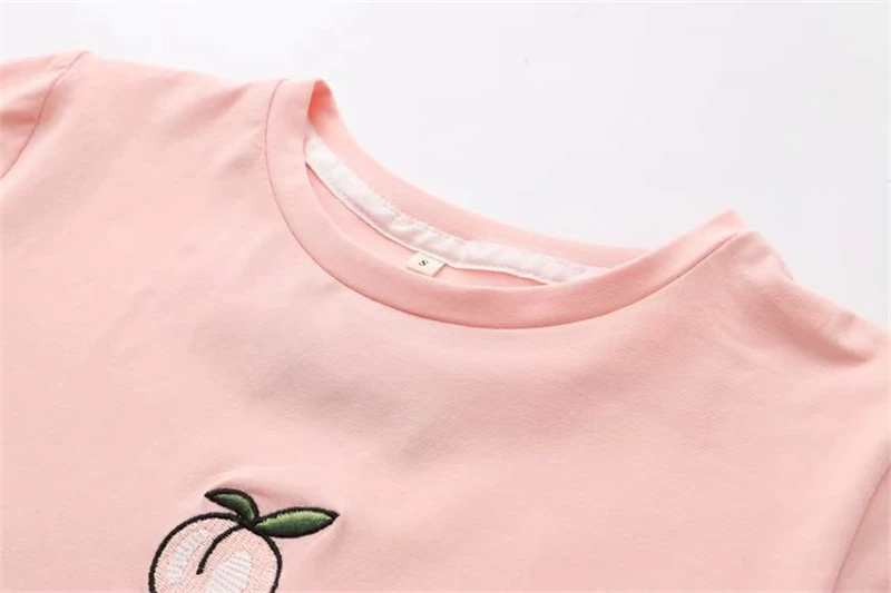 LUNDUNSHIJIA летние короткие стильные хлопковые футболки для женщин персиковая женская футболка с вышивкой Топы с коротким рукавом и круглым вырезом Женская футболка