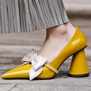

YMECHIC 2019 Fashion Luxury Women Shoes Patent Cow Leather Strange Heels Women Pumps Large Bowtie Design Yellow Party Shoes