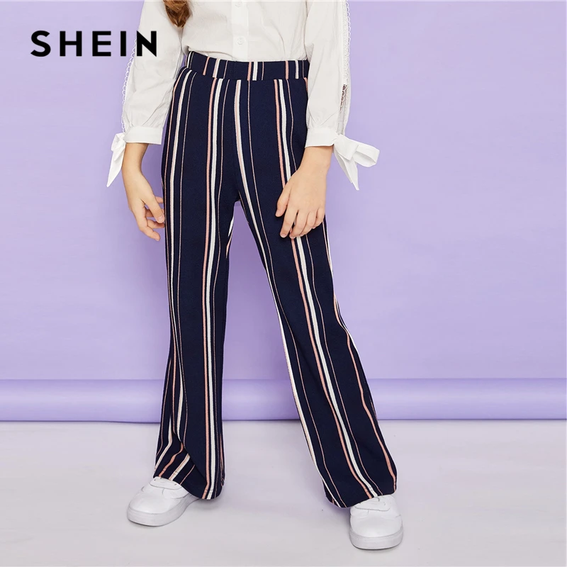 SHEIN Kiddie Blue Striped Elastic Waist Wide Leg Elegant Girls Pants 2019 Spring Fashion Casual Trousers Pants Girl Kids Clothes SHEIN Kiddie Blue Striped Elastic Waist Wide Leg Elegant Girls Pants 2019 Spring Fashion Casual Trousers Pants Girl Kids Clothes