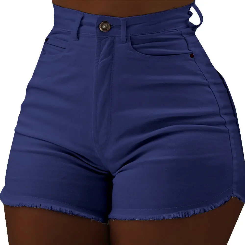 Новые летние женские короткие джинсы с высокой талией модные шорты из денима однотонные рваные облегающие брюки - Цвет: Royal Blue