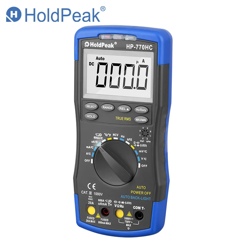

HoldPeak HP-770HC True RMS Auto Ranging Digital Multimeter Resistance DC/AC Current Voltage Temperature Frequency Tester