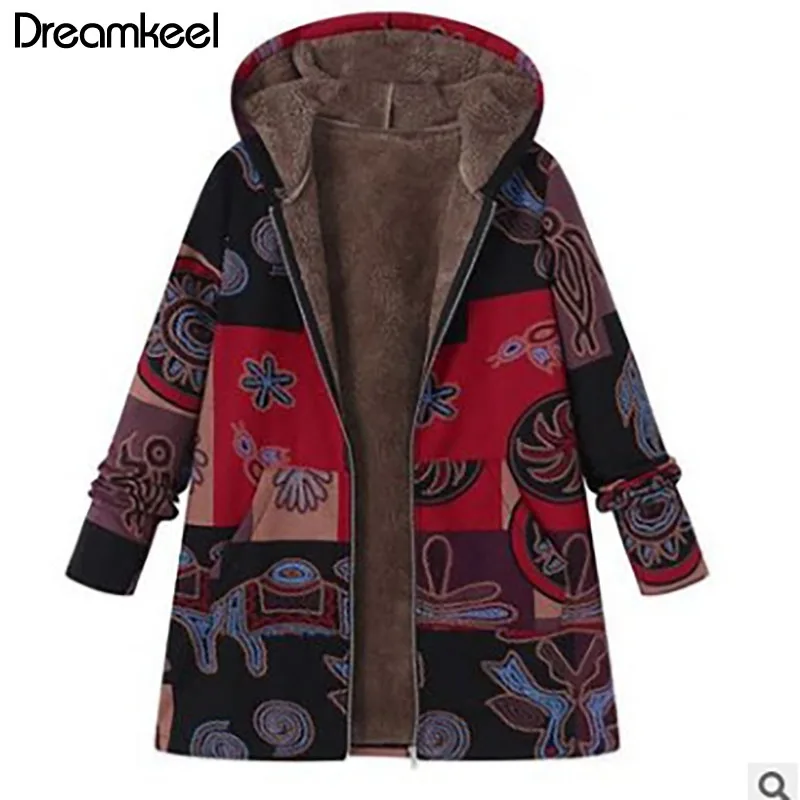 

Long Sleeve Basic Outerwear Winter Autumn 2019 Plus Size Women Retro Hooded Ethnic Printed Faux Fluffy Thin Coat Jackets Y