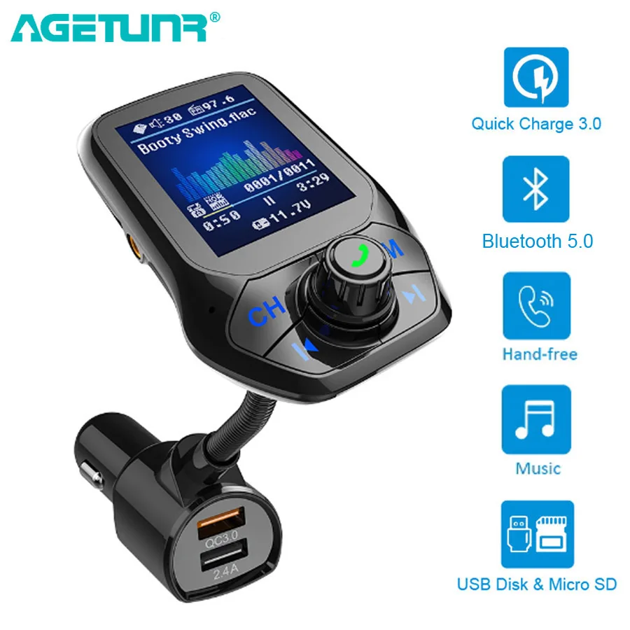 

AGETUNR 1.8" TFT Color Display QC3.0 Quick Charge AUX Bluetooth Car Kit Handsfree Set FM Transmitter MP3 Music Player 3 USB Port