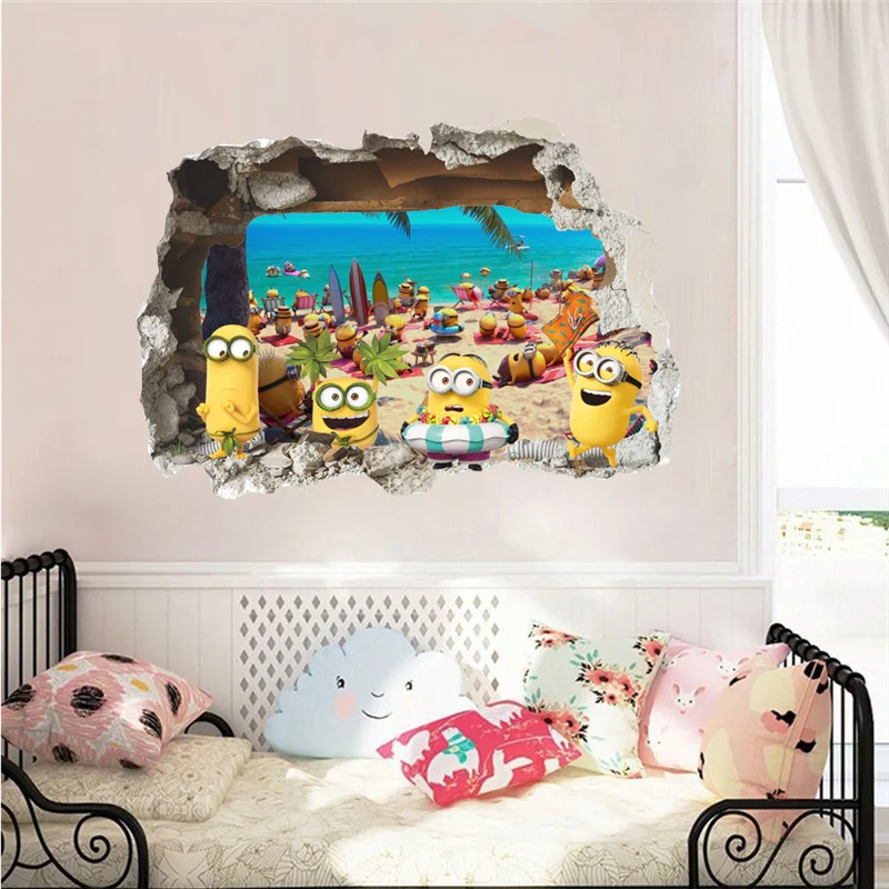 Милые Миньоны морской пляж 3d Сломанные Отверстия настенные наклейки для детской комнаты украшения Фреска Искусство аниме фильм плакаты Diy наклейки для дома
