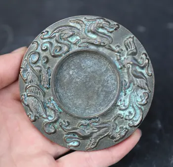 

83MM/3.3" Collect China Fengshui Bronze Exquisite Animal 12 Zodiac Dragon Phoenix Flying Tiger Tortoise Inkstone Inkslab Statue