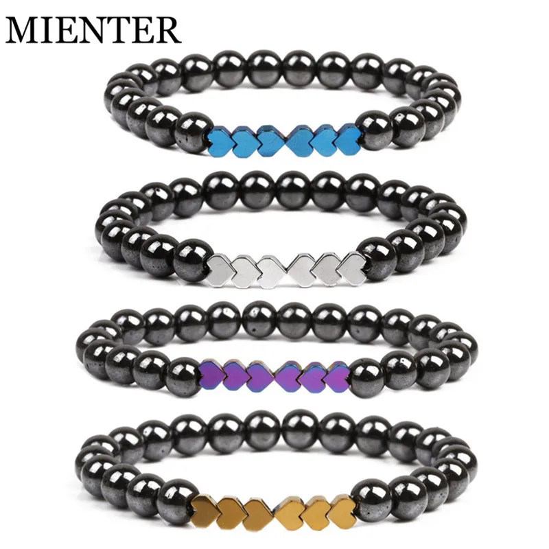 Heart shape sport Fitness Hematite bracelet for men women natural stone beads 8mm CZ Set font