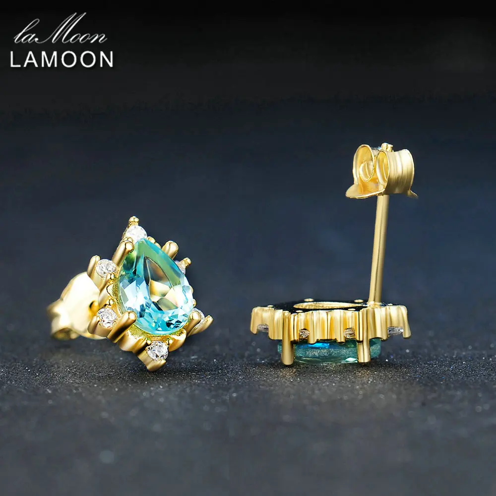LAMOON 5x7mm 2ct 100% Natural Pear Cut Blue Apatite 925 sterling silver jewelry Stud Earring S925 LMEI048