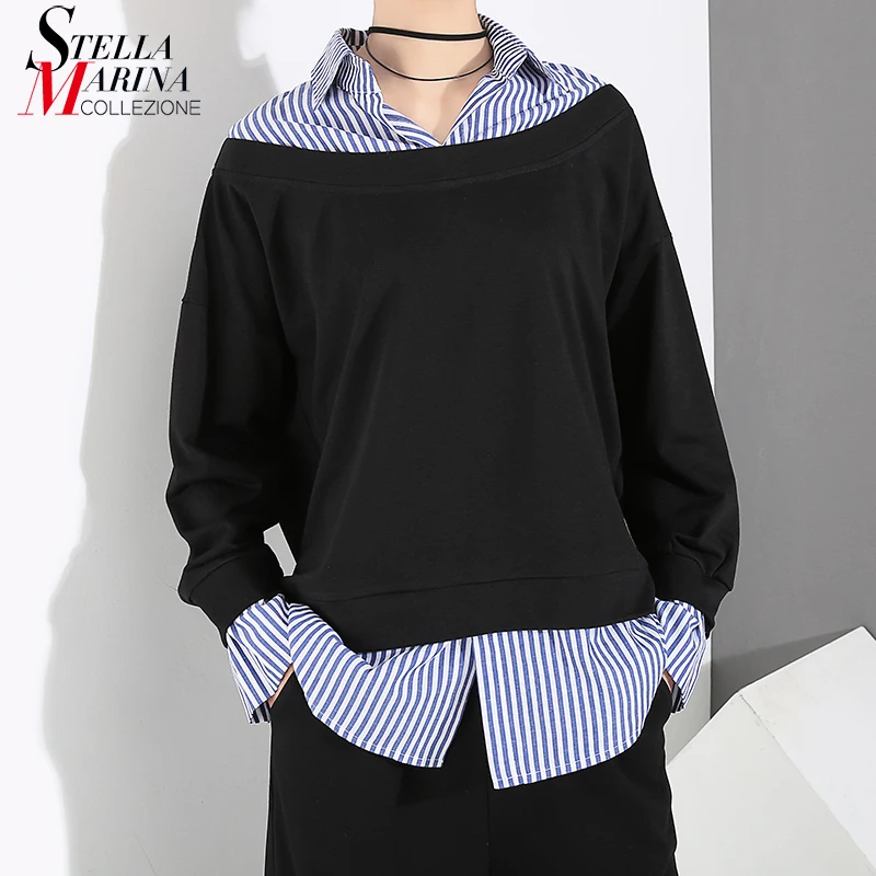 

2018 Korean Style Fake Two Pieces Women Pullovers Black Sweatshirt With Fake Shirt Stitched Female Unique Casual Sweatshirt 7175