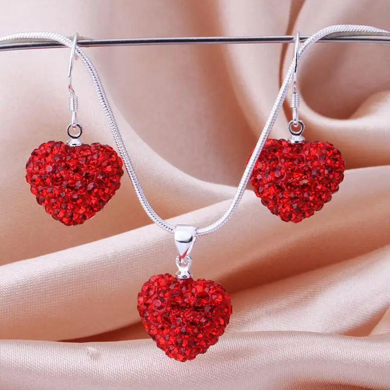 

Big Heart Pendant Necklace Earrings Female Jewelry Sets for Silver Color Red Crystal Stone Bohemia Set Snake Chain Valentine's