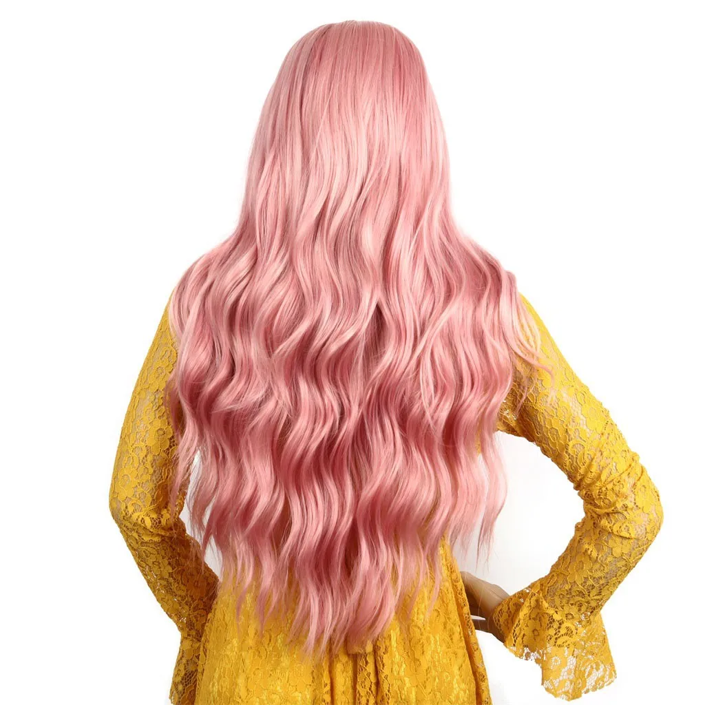 

Factory price 1pc Women False Wig No Lace Front Pink Head Over Female Rose Net Long Curly Wig Full Wigs Stand 2019 Jan2