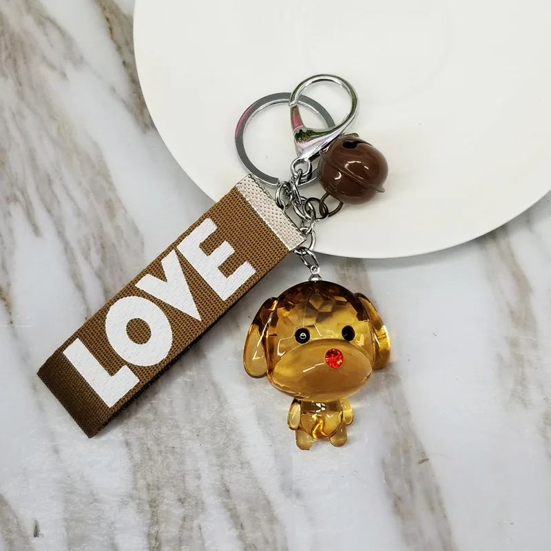 New cute resin acrylic animal bear, puppy, rabbit, color ribbon with bell cute temperament key ring pendant bag car pendant - Цвет: The dog -khaki