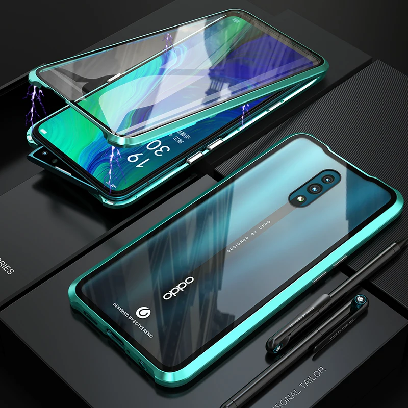 Двухсторонний дуговой корпус из закаленного стекла для Oppo Reno/10x Zoom Cover Тонкий Магнит Алюминиевый металлический корпус Oppo Reno 360 полная защита