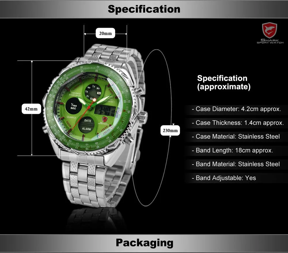 Бренд Акула Аналоговое Дисплей Дня и Даты Полный Зеленый Циферблат Корпус Серебряный Ремешок из Нержавеющей Стали Будильник Хронограф Спортивные Кварцевые Водонепроницаемые Наручные Мужские Часы /SH112