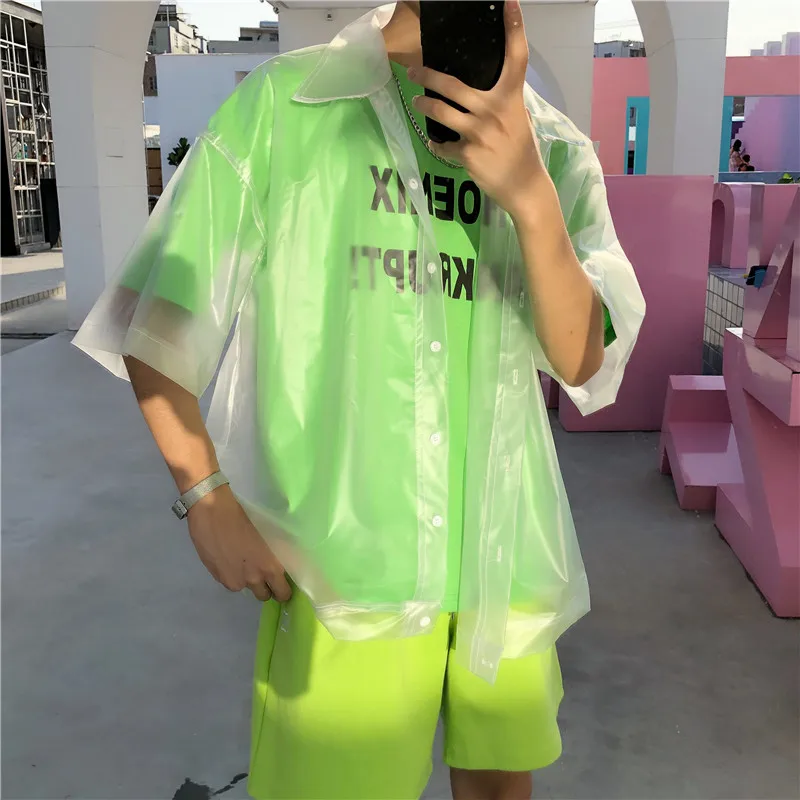 

New men Plastic transparent short-sleeved shirt waterproof jacket fashion tide See through Clear pvc chic shirts