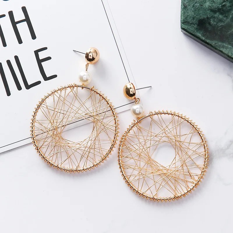 Exaggeration Mesh Metal Statement Earrings Korean Golden Color Hollow Knit Web Alloy Big Drop for Women Jewelry Brincos | Украшения и