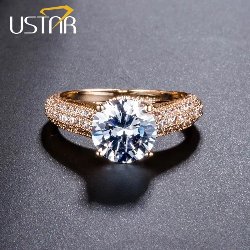 USTAR 1.25ct 7 мм AAA циркон обручальные кольца для женщин ювелирные изделия розовые золотистые Кристаллы Женские кольца для помолвки Anel высшего качества