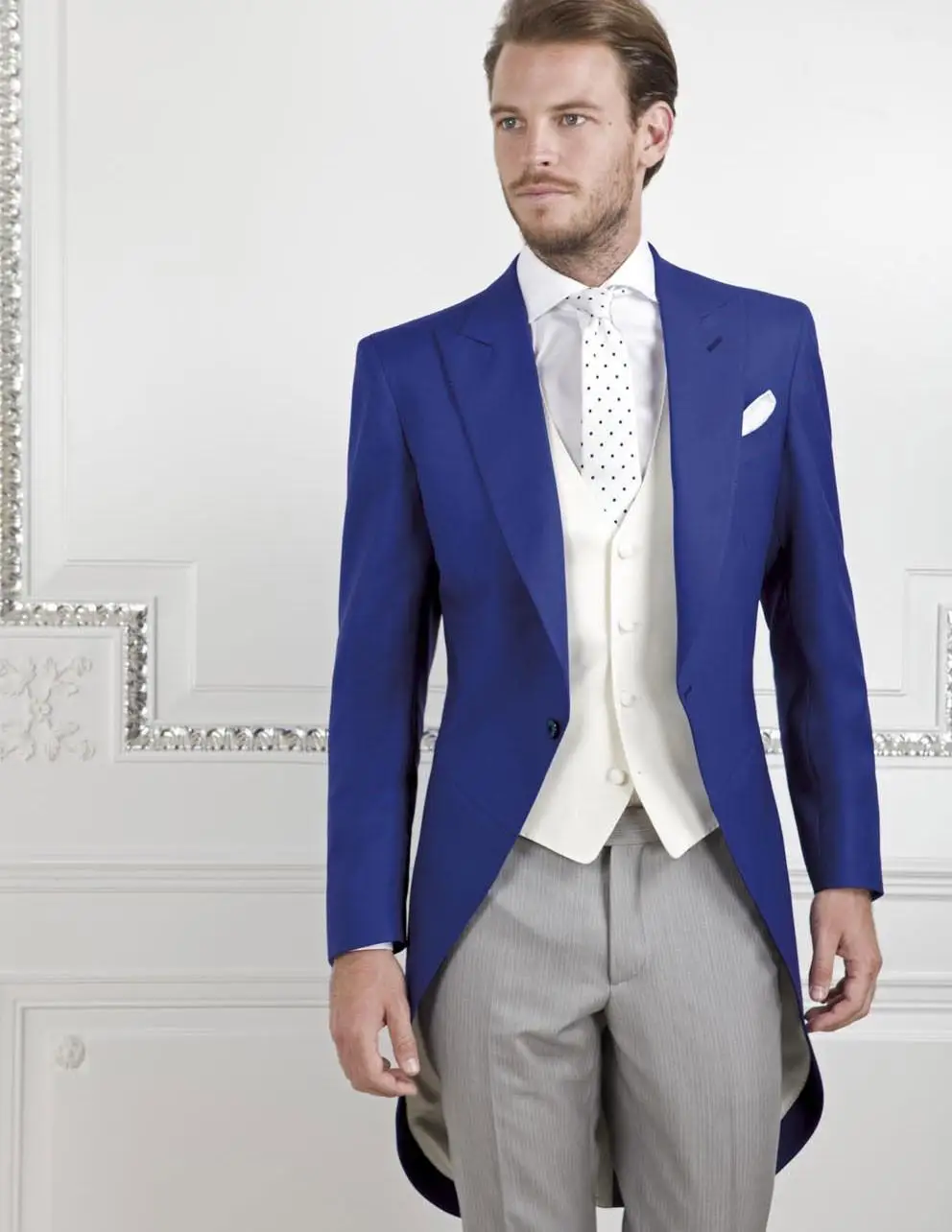 12 Morning Style One Button Royal Blue Groom Tuxedos Groomsmen Men's Wedding Prom Suits Bridegroom (Jacket+Pants+Vest+Tie) 