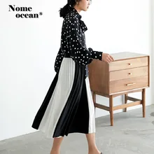 Цвет блока черный и белый лоскутное плиссированные юбки для девочек Sumemr Высокая талия для женщин юбка OL миди юбки M19042909