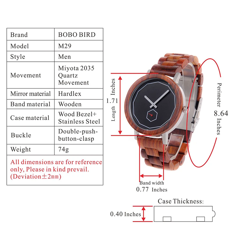 Бобо птица wm29 Для мужчин S деревянный Часы полный красного дерева группа модный бренд Дизайн простая жизнь кварцевые часы для Для мужчин