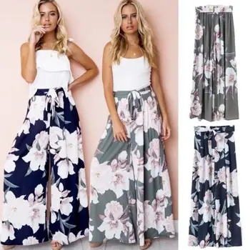 

New Vogue Women Boho Floral Long Pants Palazzo Baggy Loose Wide Leg Pants Summer Casual Trousers Holiday style Beachwear 2019