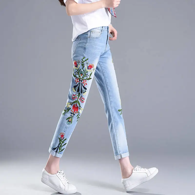 Винтажные женские джинсы с высокой талией, весна-лето, джинсы с вышивкой для женщин размера плюс 4XL, джинсовые прямые штаны, повседневные женские джинсы C5328
