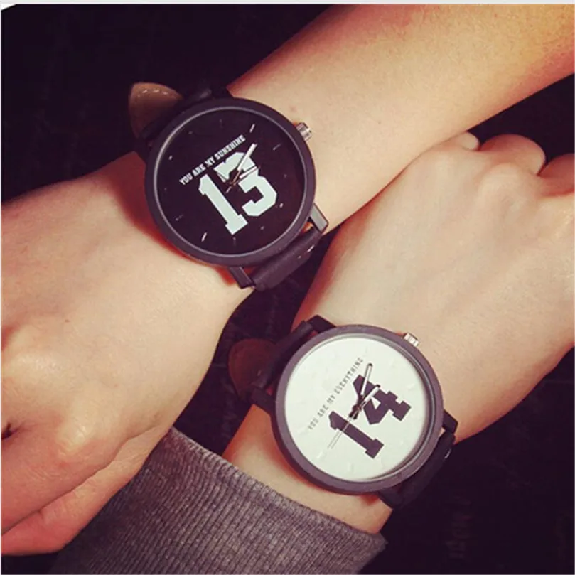 Couple Watches Fashion Lovers Hot Selling Quartz Analog Faux Black Leather Band Wrist Watch With Number 13 And 14 Dropshipping faux leather strap number watch