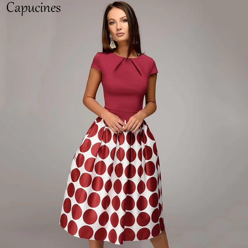 

Elegant Wave Point Patchwork Summer Dress Short Sleeves Round Neck Slim A-line Dress Casual Printed Dresses For Women