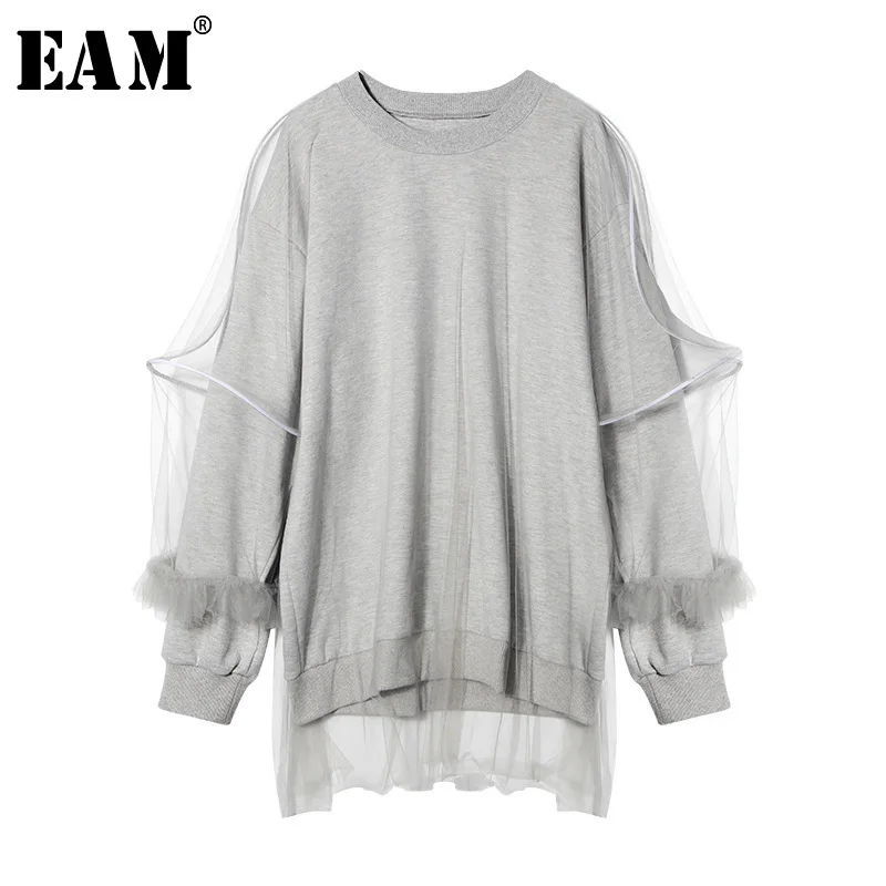

[EAM] 2019 New Spring Women Fashion Tide Gray Loose Casual Long Sleeve O-neck Double Layer Mesh Spliced Ruffles T-shirt LA753