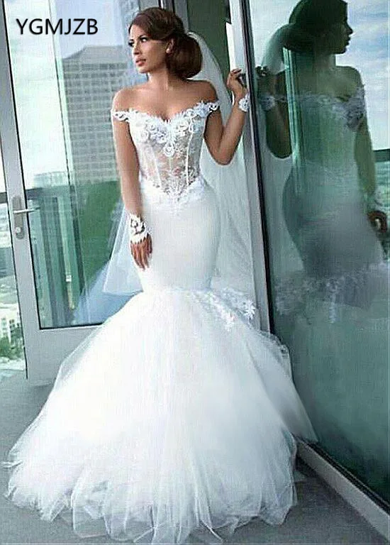 

Vestido De Noiva 2019 Mermaid Wedding Dresses Sweetheart Off Shoulder Long Sleeves Applique Lace Wedding Gown Bride Dress