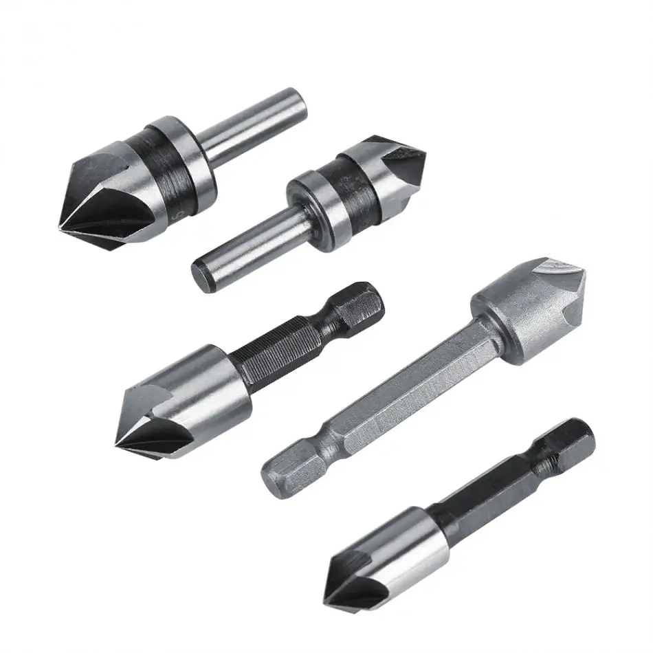 

5PCS/Lot High Speed Industrial Countersink Drill Bit 1/2 5/8 3/8 Round Shank 5 Flutes Woodworking Chamfering Cutter Tools Kit