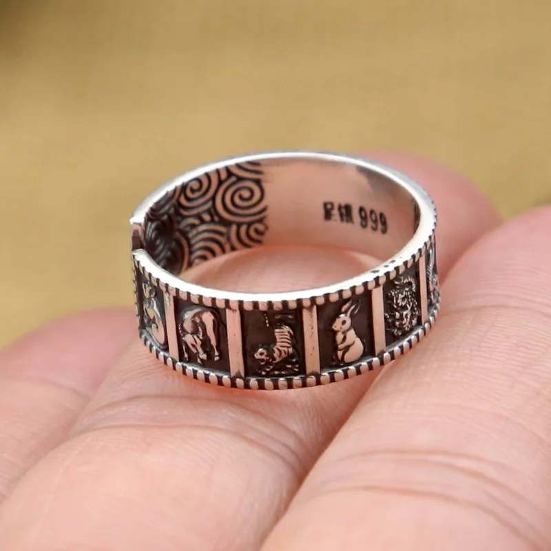

FNJ 925 Silver Zodiac Ring Jewelry New Fashion S925 Sterling Thail Silver Rings for Women Men Adjustable Size 7.5-9 bague
