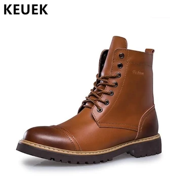 

Fashion Genuine leather boots Autumn Men Motorcycle boots Winter Outdoor tooling shoes Lace-Up Ankle Sown boots 02A