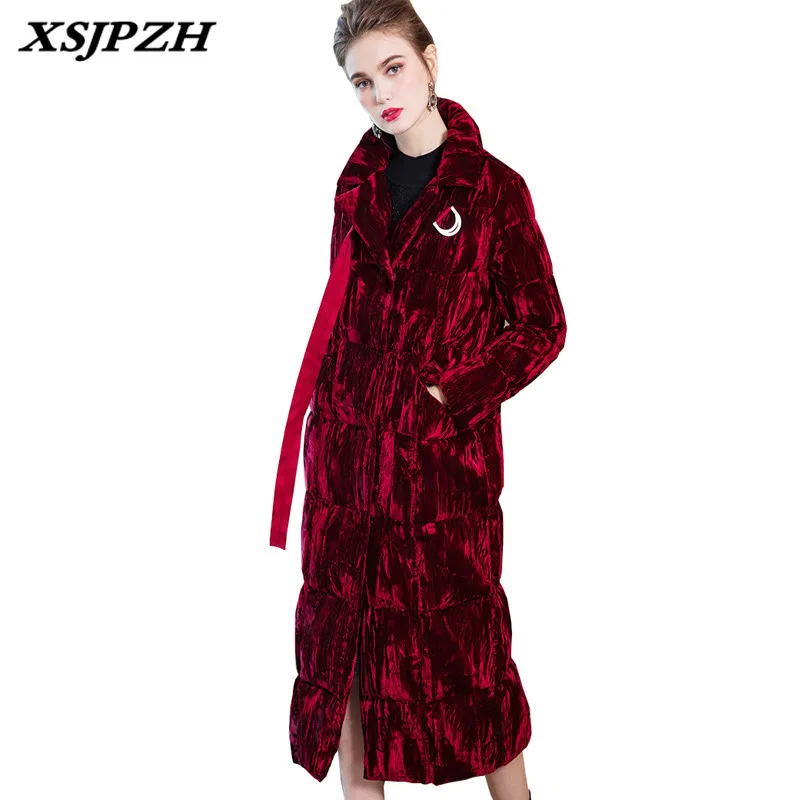 XSJPZH 2018 зима новый темперамент свободный большой размер красный бархат выше колена пуховик женский длинный с широкой талией пальто LA293