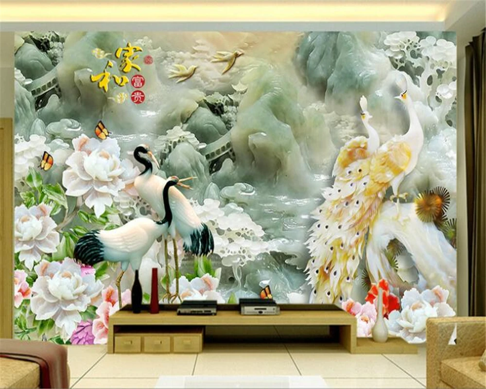 

beibehang papel de parede 3d bird crane three - dimensional emerald sculpture and peacock peony landscape wall wallpaper