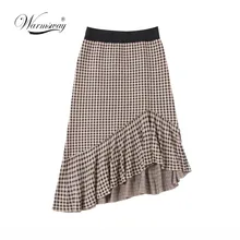 Вязанная юбка-Русалка для офисных леди, Женская юбка миди, высокая талия, в клетку, с рюшами, вечерние юбки для женщин, s, весна-осень, юбки для женщин, C-419