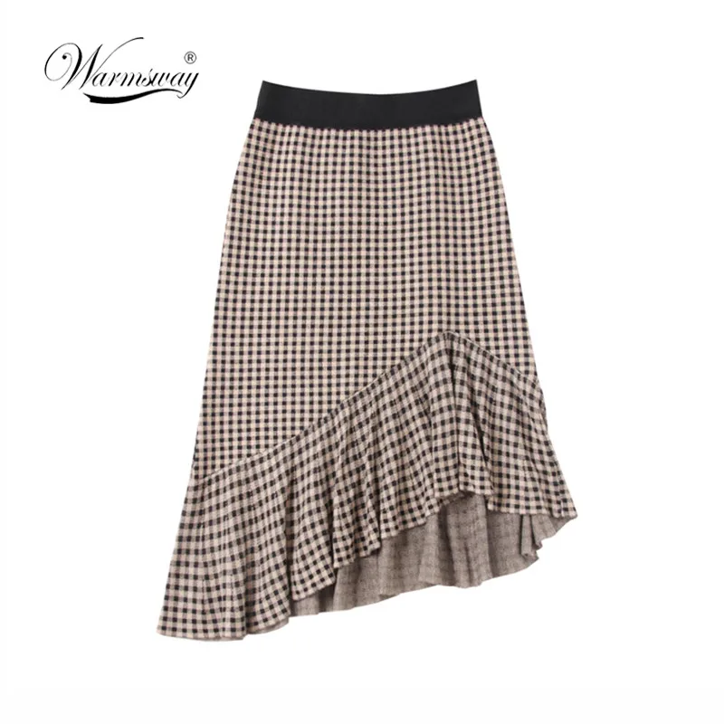 

Knitted Mermaid Office Lady Women's Midi Skirt High Waist Plaid Ruffle Party Womens Skirts 2019 Spring Autumn Skirts Women C-419