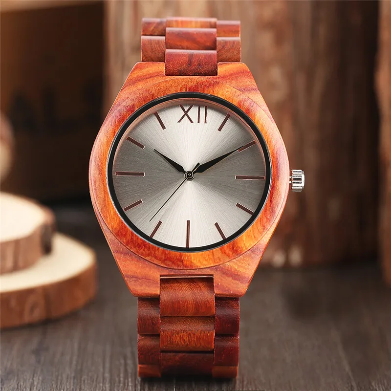 

Nature Wood Analog Mens Watches Creative Red Full Wooden Silver Face Handmade Women Quartz Wrist Watch Bamboo Fashion Men Clock