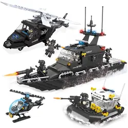 Кази SWAT с оружием море команда серии полицейский корабль вертолет Building Block Набор кирпич Развивающие игрушки для детей Подарки