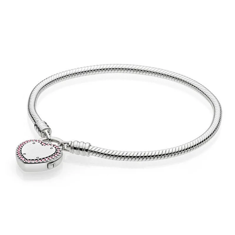 

925 Sterling Silver Bead Charm Snake Chain Fit Moments Smooth Pans Bracelet With Lock Your Promise Clasp For Women Jewelry