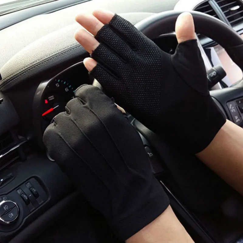 Men's Fingerless Anti-Slip Driving Gloves Women Sun Protection Gloves Summer Male Thin Breathable Anti-UV Cycling Working Gloves - Цвет: black