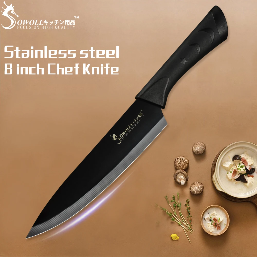 

Sowoll Stainless Steel Kitchen Knives Cutlery Star Pattern Handle Black Blade Paring Utility Santoku Slicing Bread Chef Knives