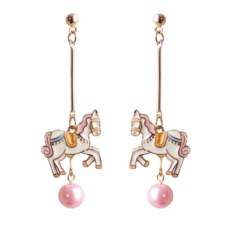 

Japanese popular color carousel sweet enamel unicorn long earrings