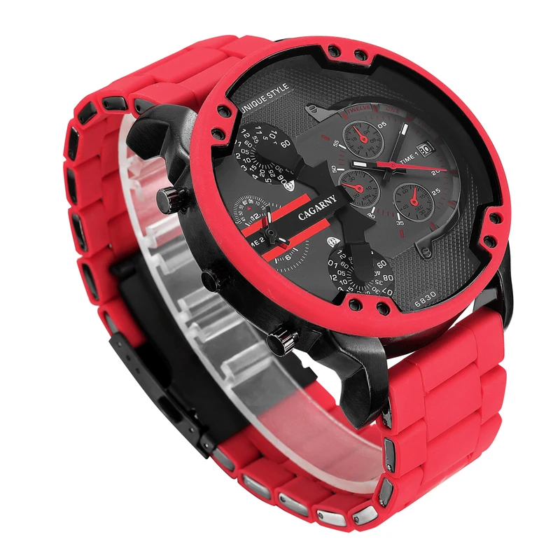 top luxury brand cagarny analog quartz watch for men two time zones auto date cool big case military watches red silicone band sports men's wristwatches dz dz7370 (2)