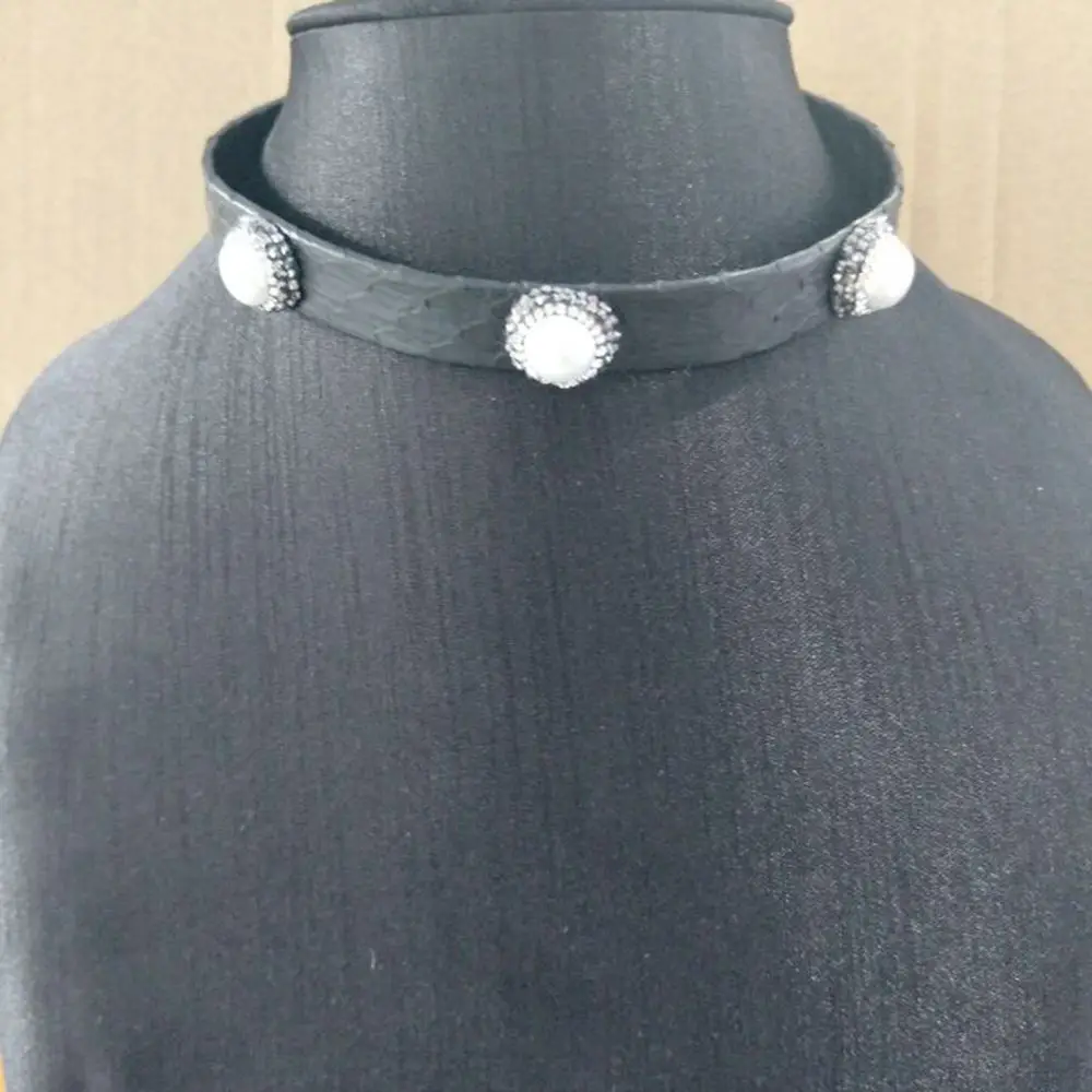 Newest Real Snakeskin Chokers Necklace for Women Adjustable Trendy with Nature Pearls Woman Jewelry Black Gift | Украшения и