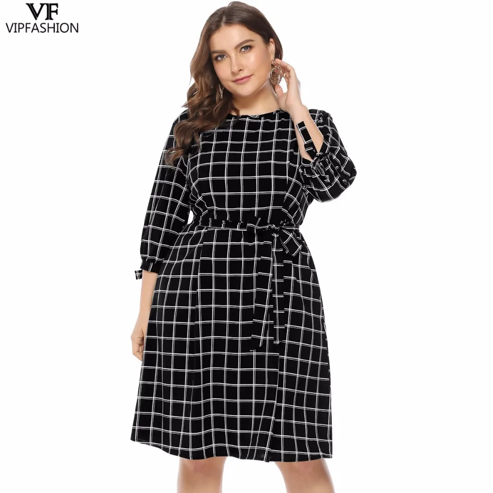 VIP FASHION 2019 Good Sale Plus Size Sexy Plaid Women's Dress Long Sleeve Knee-Length Ladies Summer Casual | Женская одежда