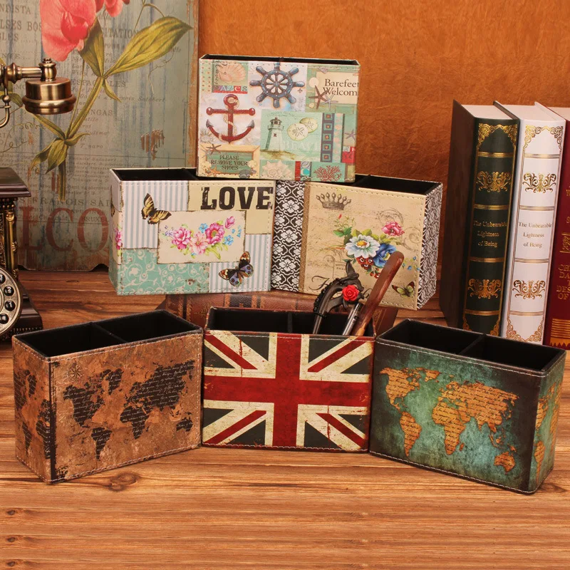 

Vintage Pen Holders Multifunctional Storage Leather Cosmetic Storage Box/Memo box/Penholder Gift Office Organizer School Supplie