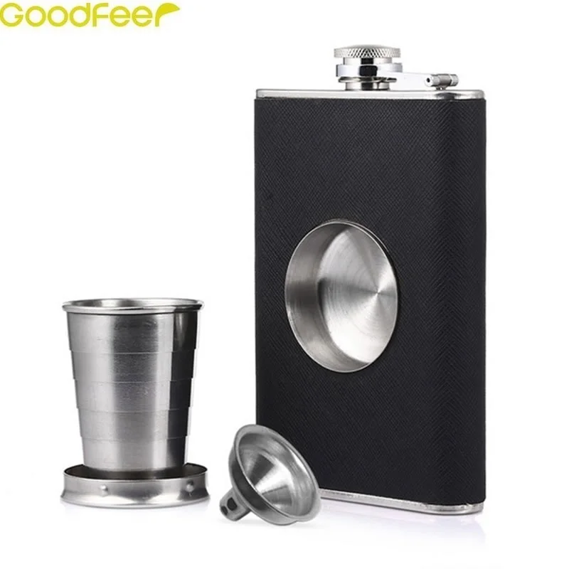 Goodfeer Flask with Funnel and Folding Cup for Liquor Whiskey Flask Outdoor Wine Pot Container