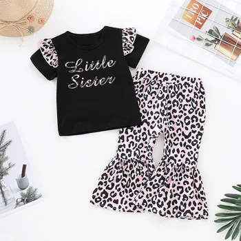 

Summer Children Girls Outfits Flare Sleeve Floral Letter Print T-shirt Tops+Leopard Long Pants Suits Casual Clothing Sets Kids